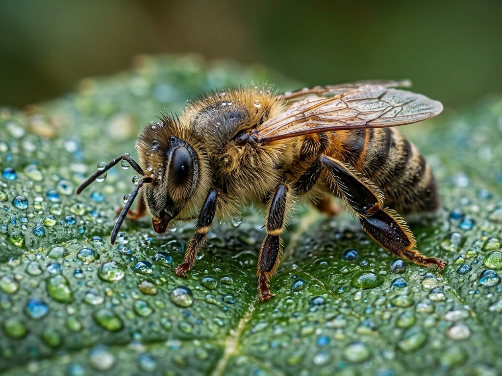 Primer plano de una abeja afectada por pesticidas químicos en un entorno agrícola industrial.