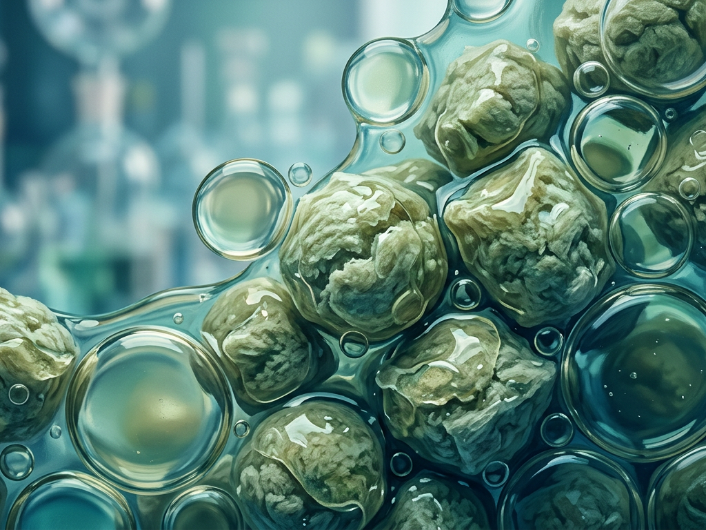 Composition microscopique de protéines végétales isolées illustrant la transformation industrielle d'un produit végan friendly.