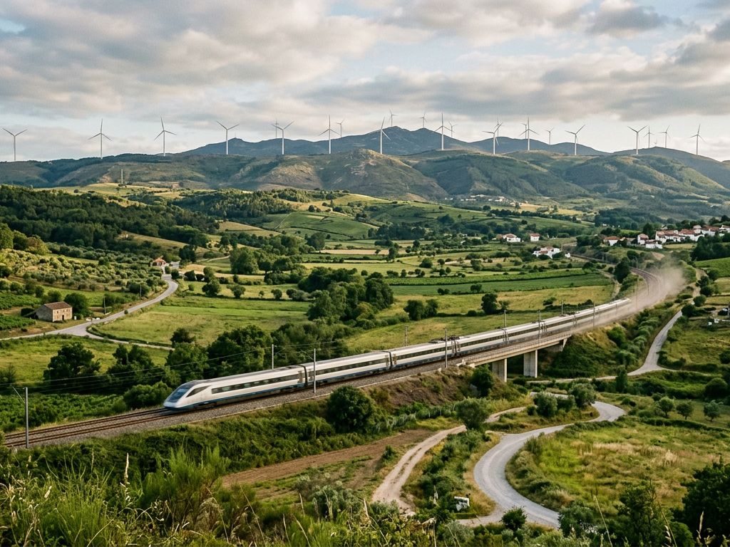 Comboio de alta velocidade atravessando um vale verde em Portugal, representando a mobilidade sustentável de baixo carbono.