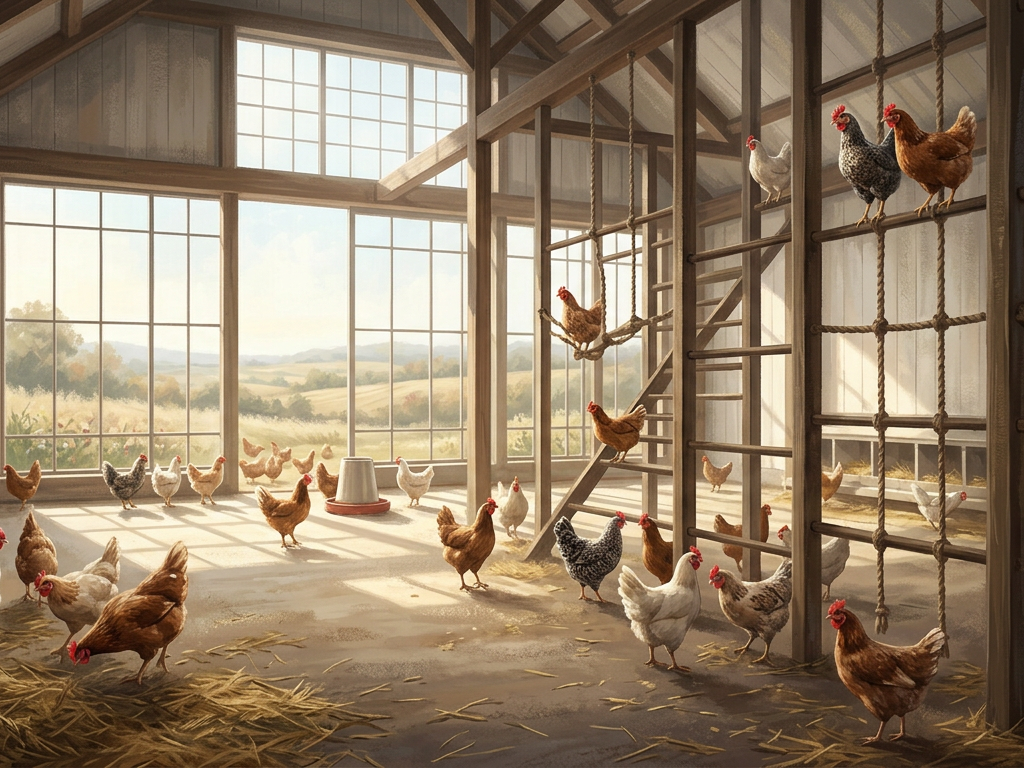 Spacious indoor poultry environment with natural light and enrichment structures satisfying 2026 welfare laws.
