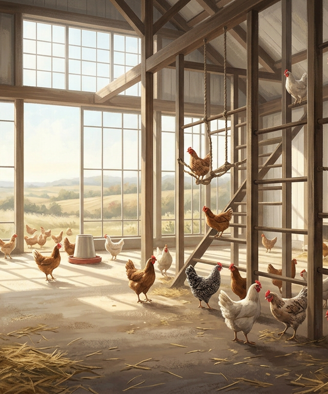 Large group of hens roaming freely in a sunlit cage-free barn, illustrating the results of how to enforce cage-free egg laws.