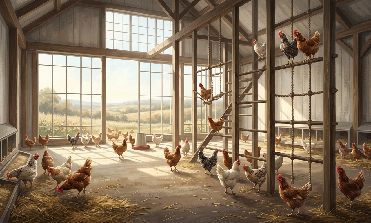 Large group of hens roaming freely in a sunlit cage-free barn, illustrating the results of how to enforce cage-free egg laws.