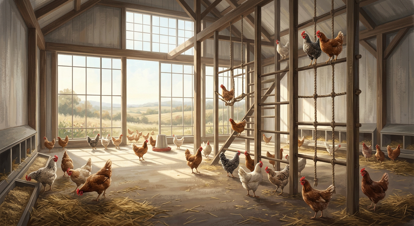 Large group of hens roaming freely in a sunlit cage-free barn, illustrating the results of how to enforce cage-free egg laws.