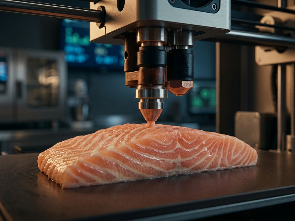 Процесс 3D-печати растительного лосося, показывающий реалистичную текстуру и волокна филе.