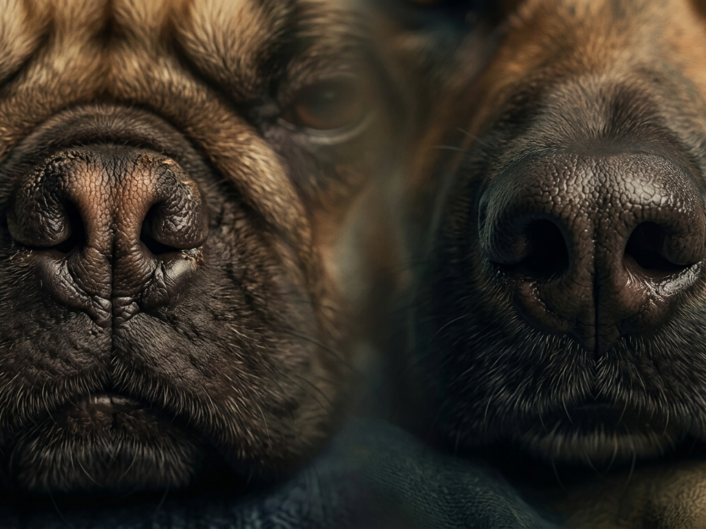 Detalhe aproximado comparando narinas estreitas de um cão braquicefálico com narinas largas e saudáveis.