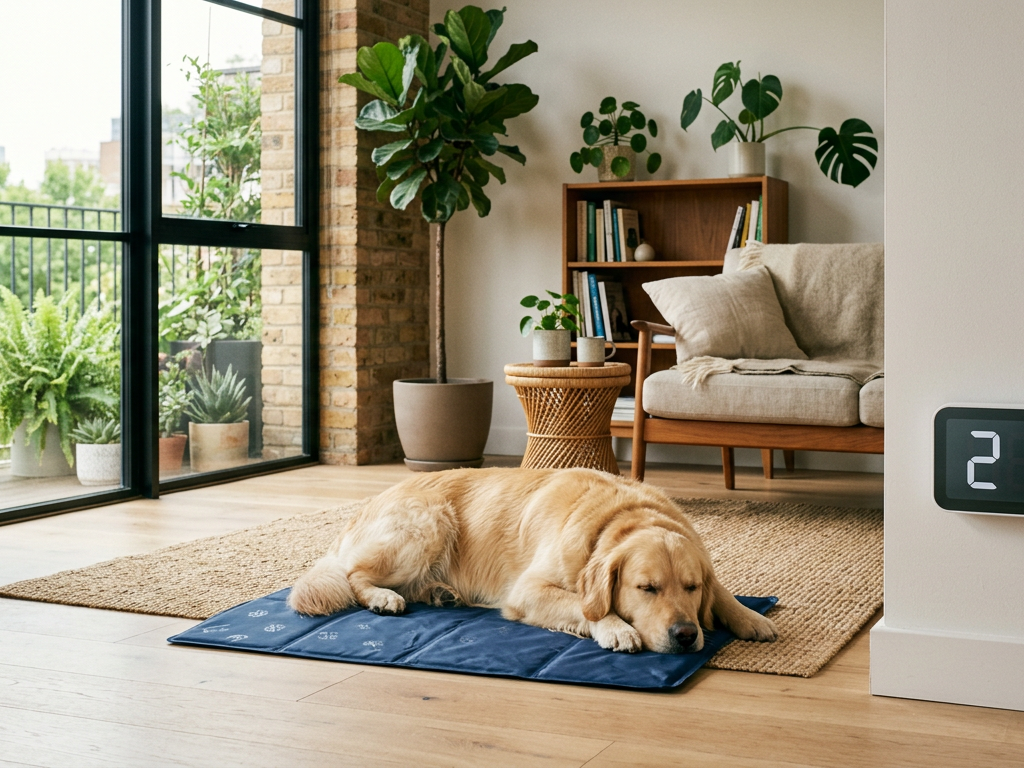 Ambiente doméstico climatizado com tapete gelado para cães, ilustrando o controle térmico preventivo.