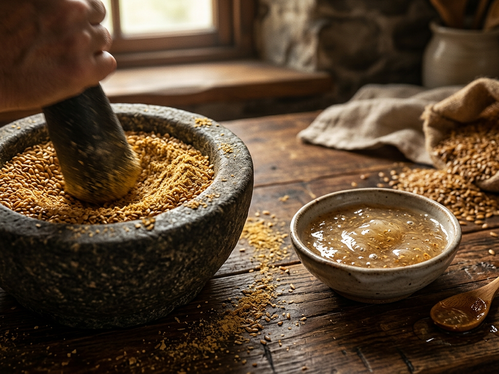 Sementes de linhaça moídas e ovo de linhaça viscoso, um substituto natural para confeitaria.