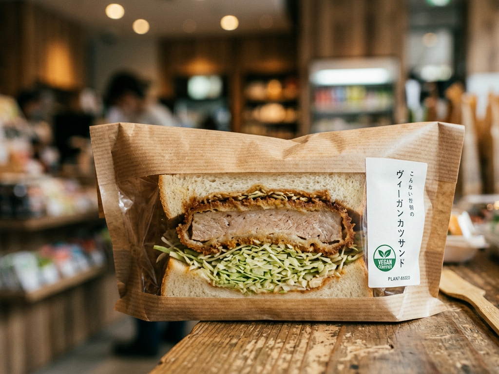 2026年のコンビニで販売されている、本物の肉のような質感を持つ高品質なヴィーガンカツサンドイッチの接写。