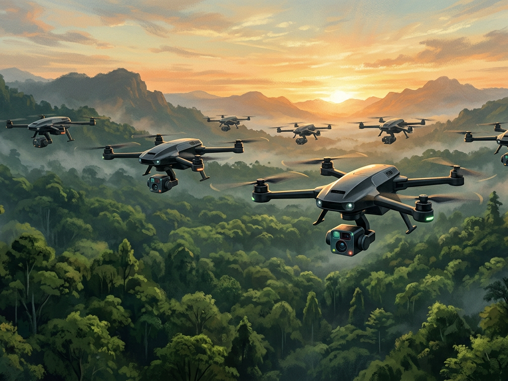 Autonomous conservation drones patrolling a forest to prevent poaching through AI in animal welfare applications.