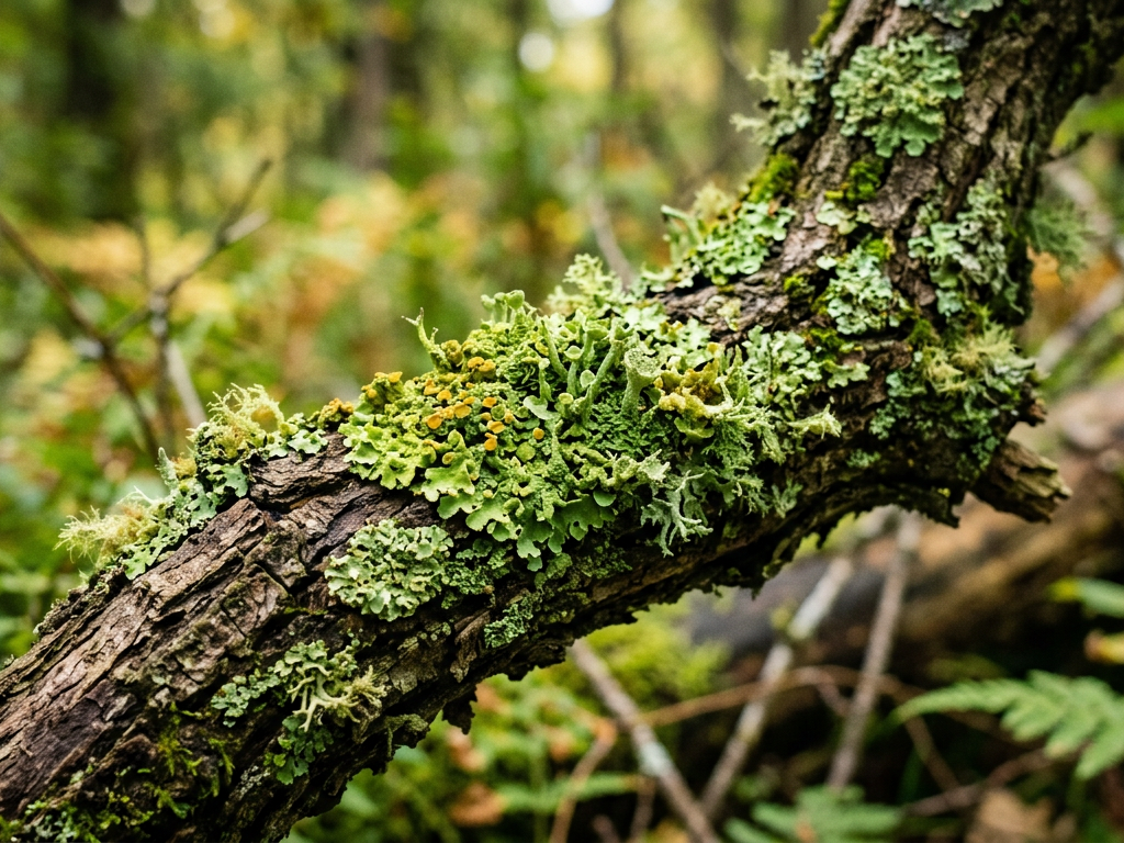 Líquen verde em um galho de árvore, fonte natural de vitamina D3 para o guia de suplementos veganos.