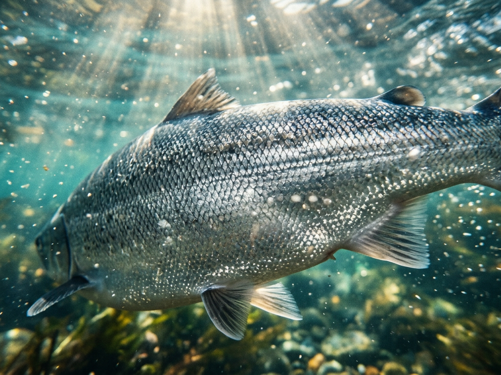 Detailed close-up of Atlantic salmon scales shimmering underwater in a natural light setting.