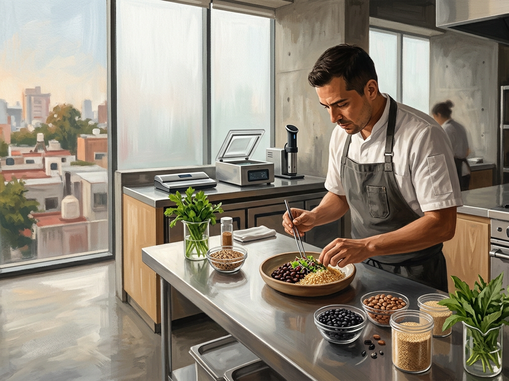 Chef en la Ciudad de México preparando platillos gourmet basados en plantas con ingredientes locales.