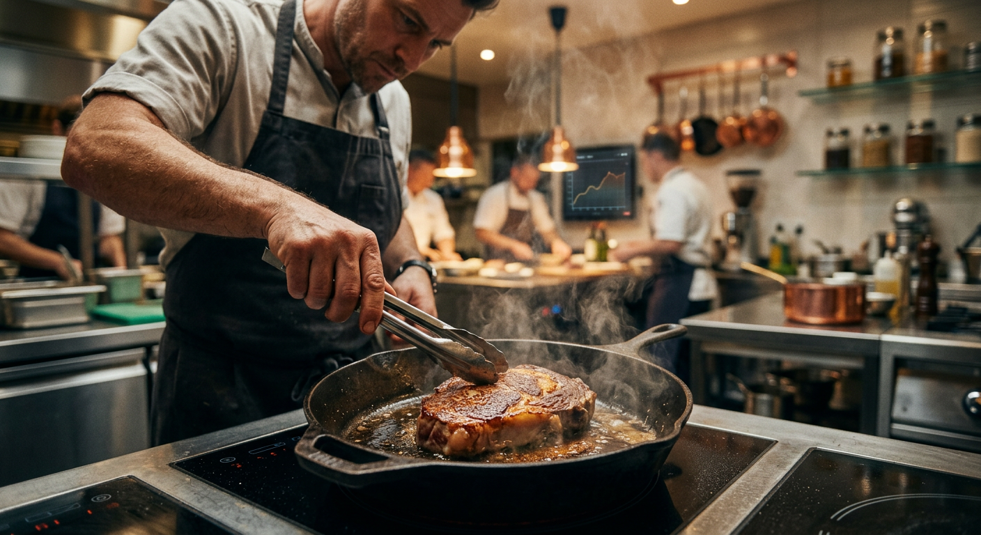 Chef preparando un filete de carne cultivada en una cocina moderna y luminosa, resaltando la textura realista.