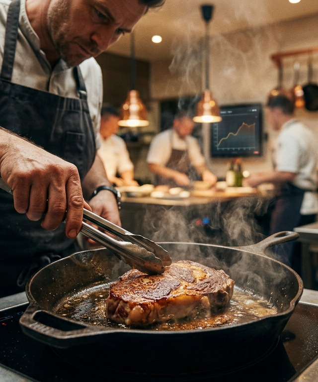 Chef preparando un filete de carne cultivada en una cocina moderna y luminosa, resaltando la textura realista.