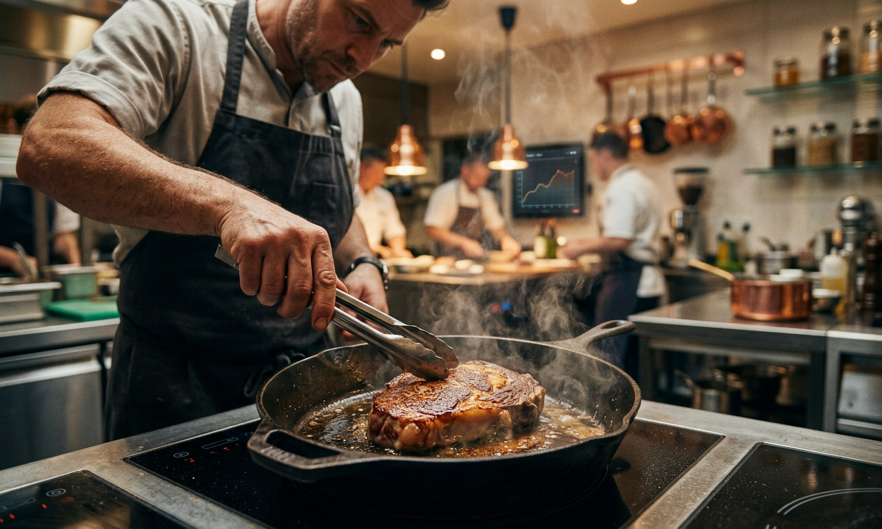 Chef preparando un filete de carne cultivada en una cocina moderna y luminosa, resaltando la textura realista.
