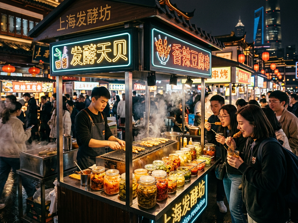 2026年上海夜市中备受年轻人欢迎的创新天贝与豆腐植物基小吃摊位。