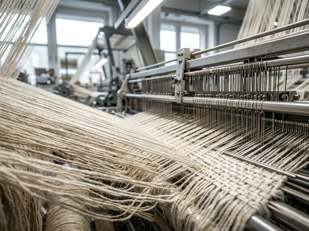 Macro view of soft plant fibers being woven into ethical wool alternatives on a high-tech loom.