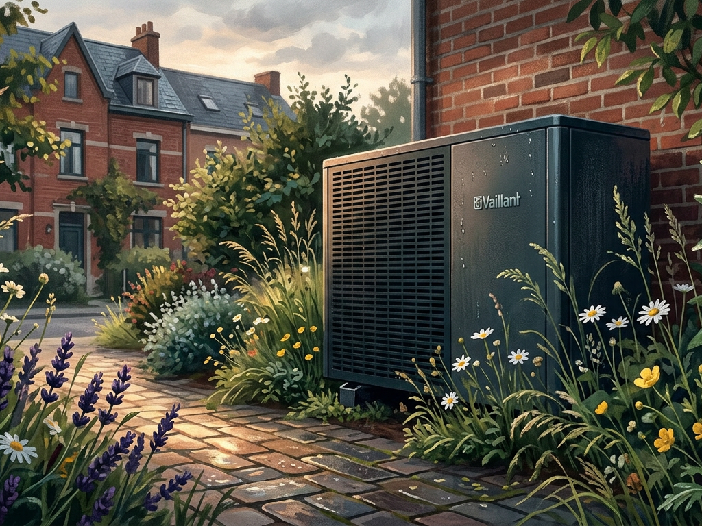 Pompe à chaleur air-eau installée dans un jardin belge respectueux de la biodiversité.