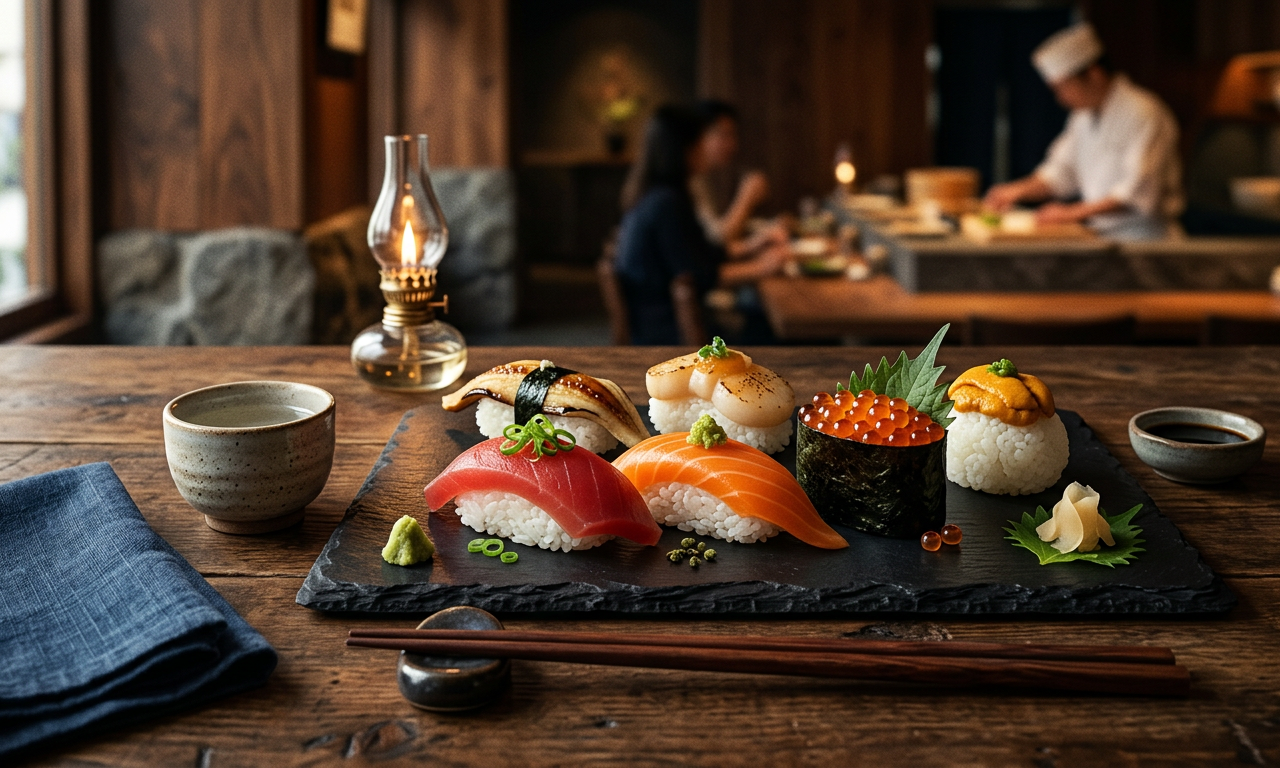 麻布台ヒルズにある洗練されたヴィーガンレストランのインテリアと、芸術的なプラントベース料理のテーブルセッティング