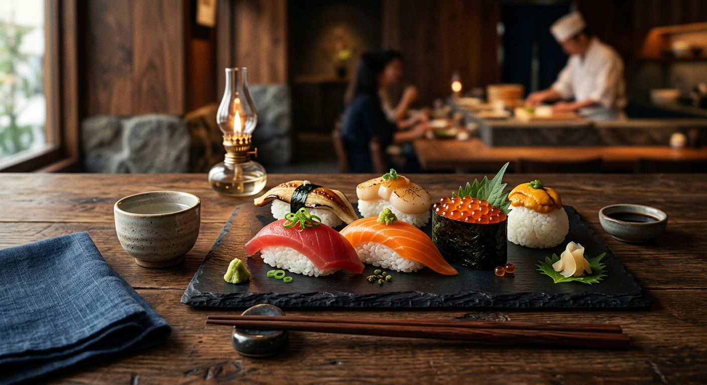 麻布台ヒルズにある洗練されたヴィーガンレストランのインテリアと、芸術的なプラントベース料理のテーブルセッティング