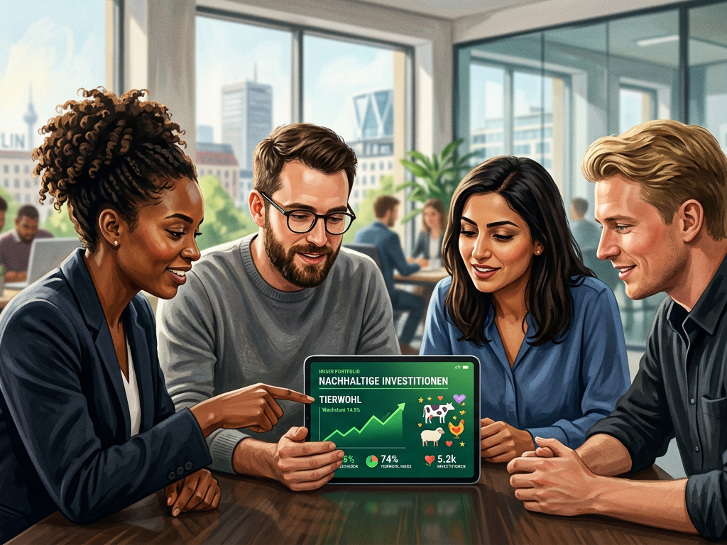 Junge deutsche Fachkräfte analysieren ein grünes Anlageportfolio für ethische Investments am Tablet.