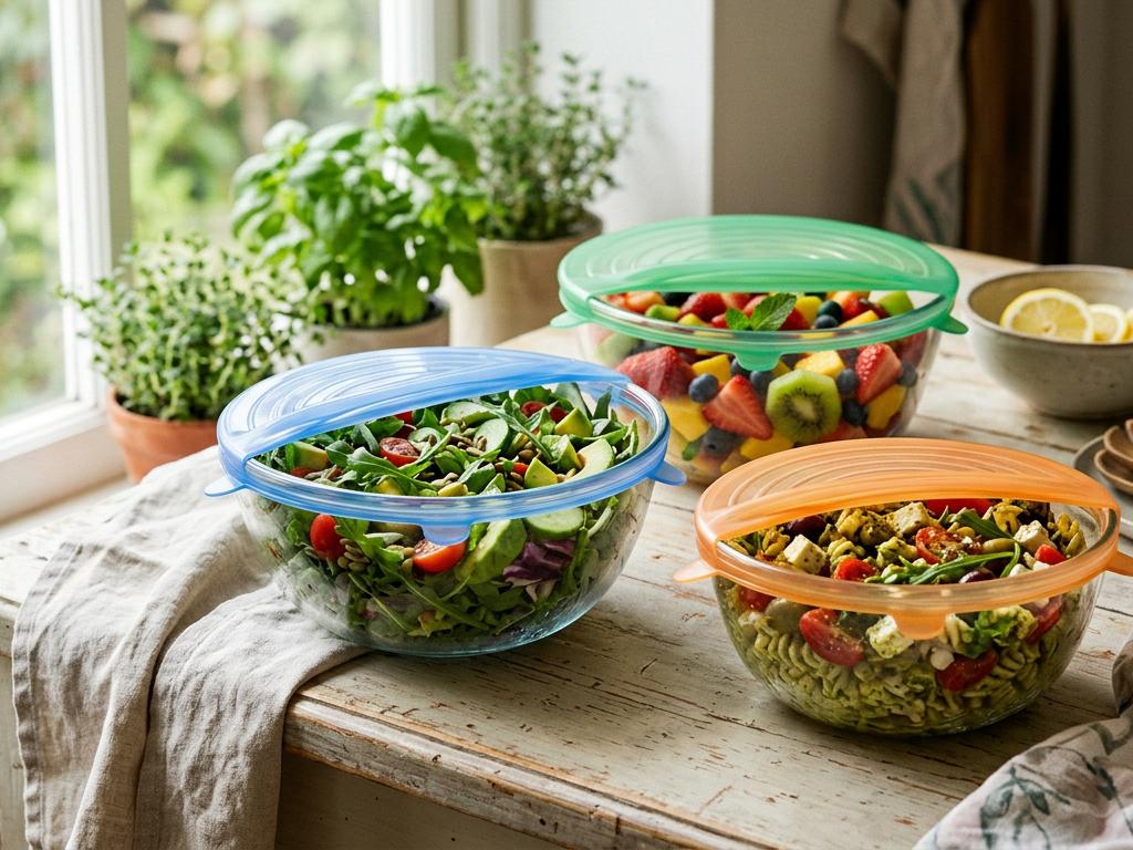 Colorful silicone lids used as zero-waste kitchen swaps to cover glass bowls of plant-based food.
