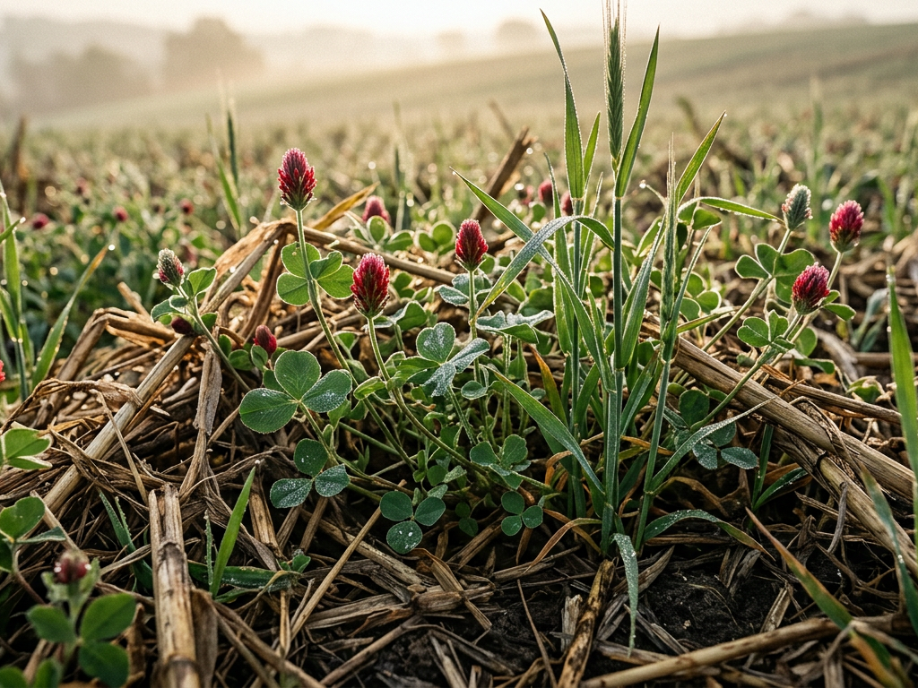 A hand revealing healthy dark soil beneath a protective layer of green cover crops.