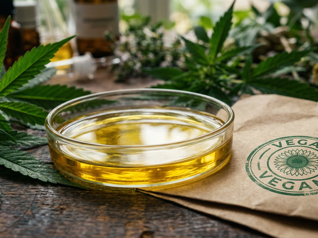 特写镜头下的高纯度金黄色CBD油与纯素认证标识，代表了CBD与纯素主义的严谨结合。
