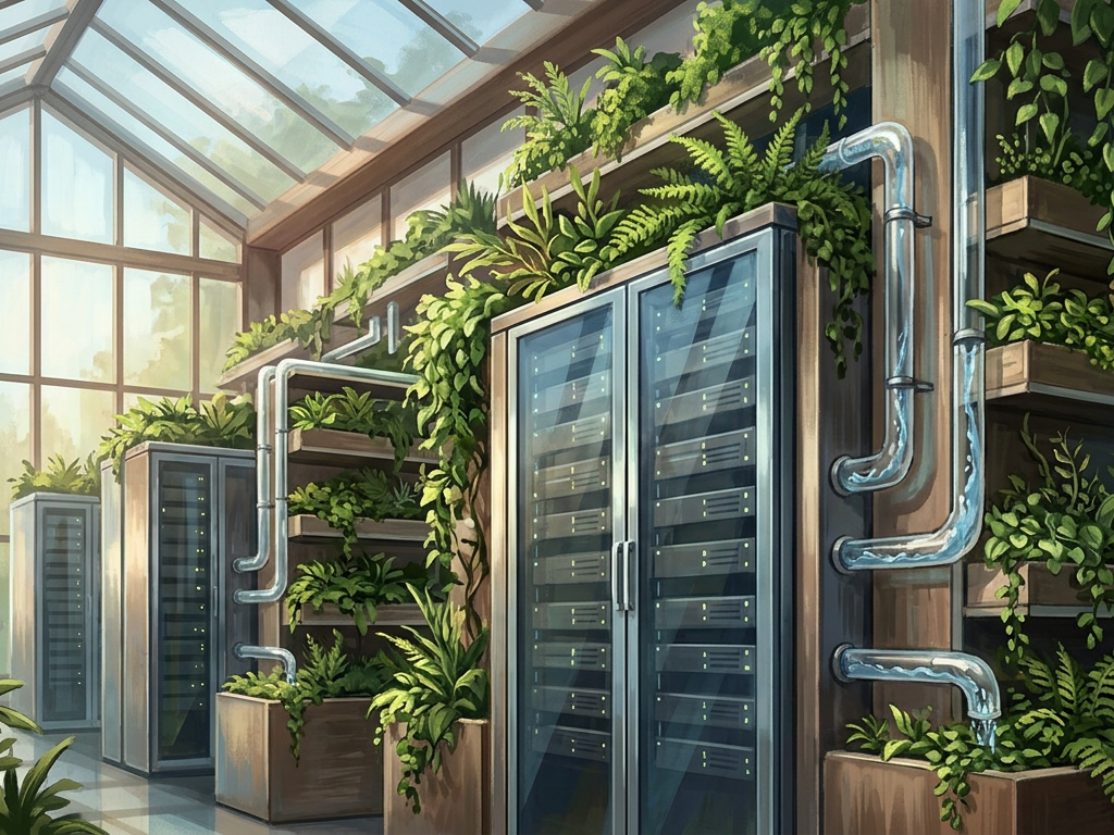 Ein nachhaltiges Rechenzentrum mit integrierten vertikalen Gärten verdeutlicht grüne Künstliche Intelligenz im Klimaschutz.