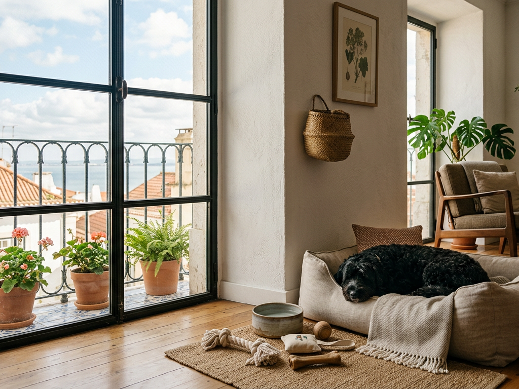 Interior de um apartamento moderno com espaço adequado para o descanso de um animal de estimação.