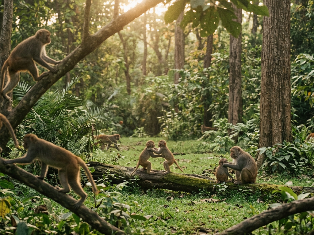 A group of macaques living in a natural forest sanctuary after the NIH research phasedown.