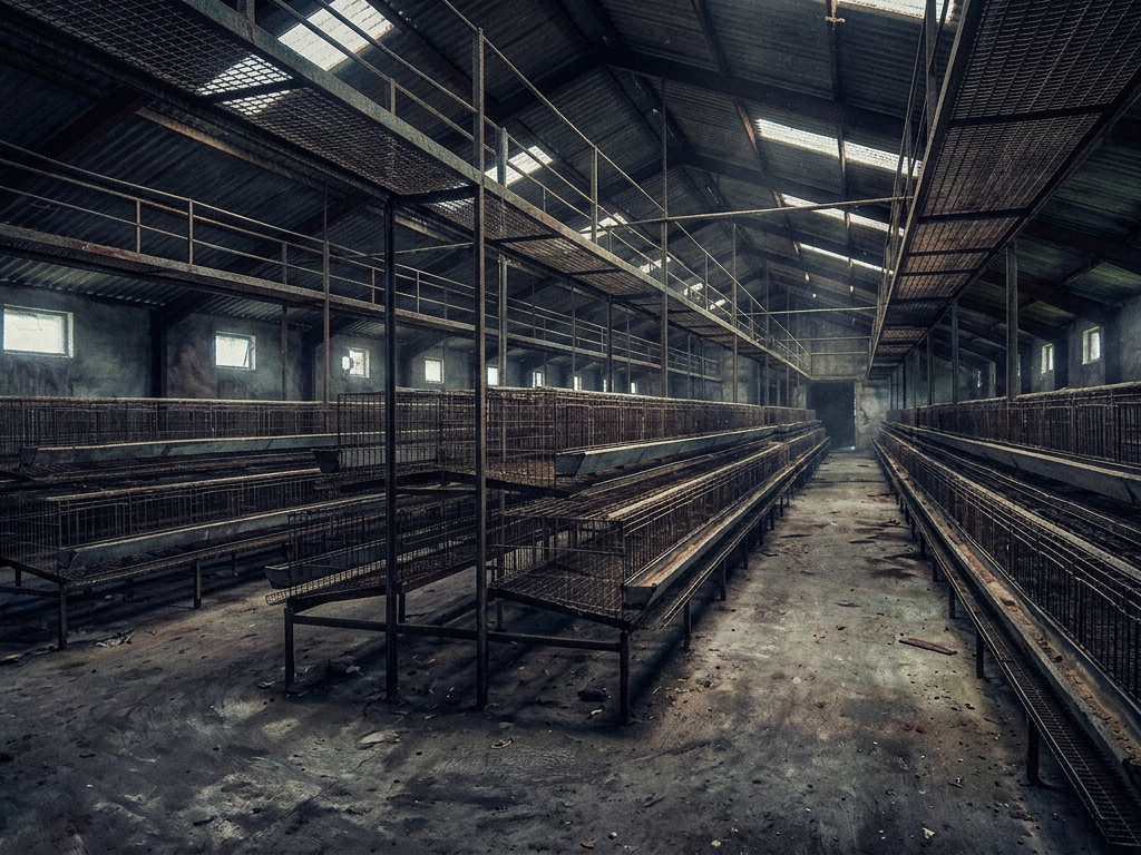 An empty industrial hen house after egg laying hens culled after one year illustrating the cycle's end.