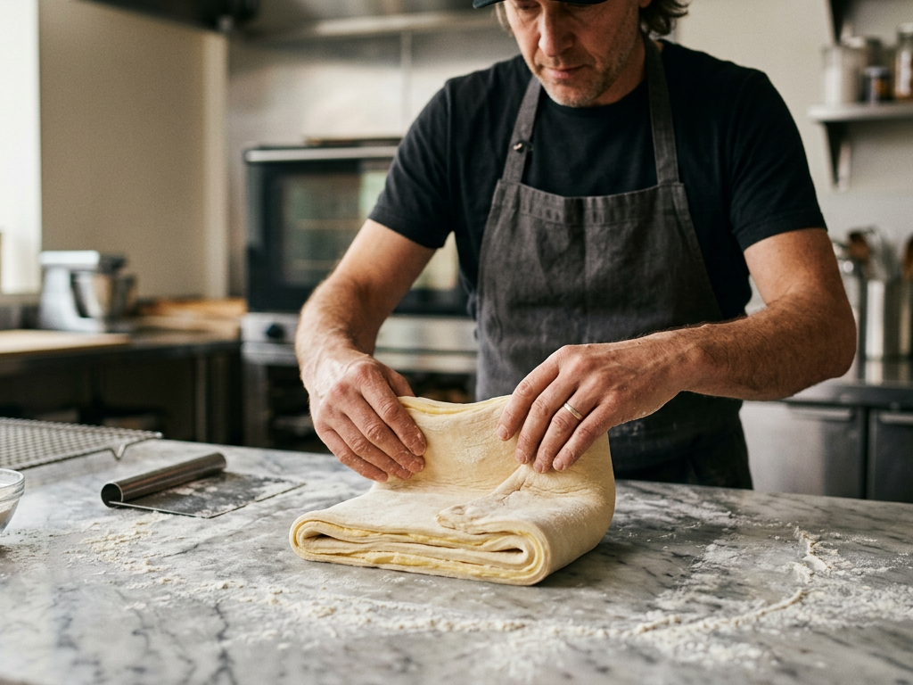 Chef pâtissier préparant des croissants vegan avec des matières grasses végétales de haute performance.