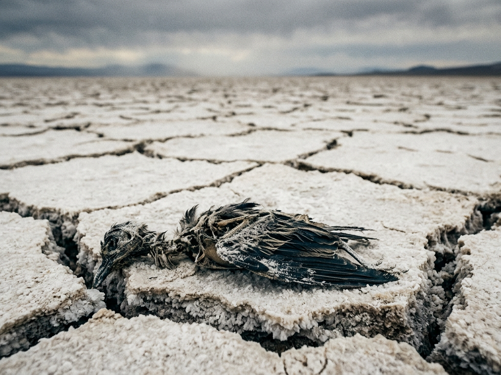 Lecho seco y agrietado del lago con texturas de sal bajo una luz dramática y melancólica.