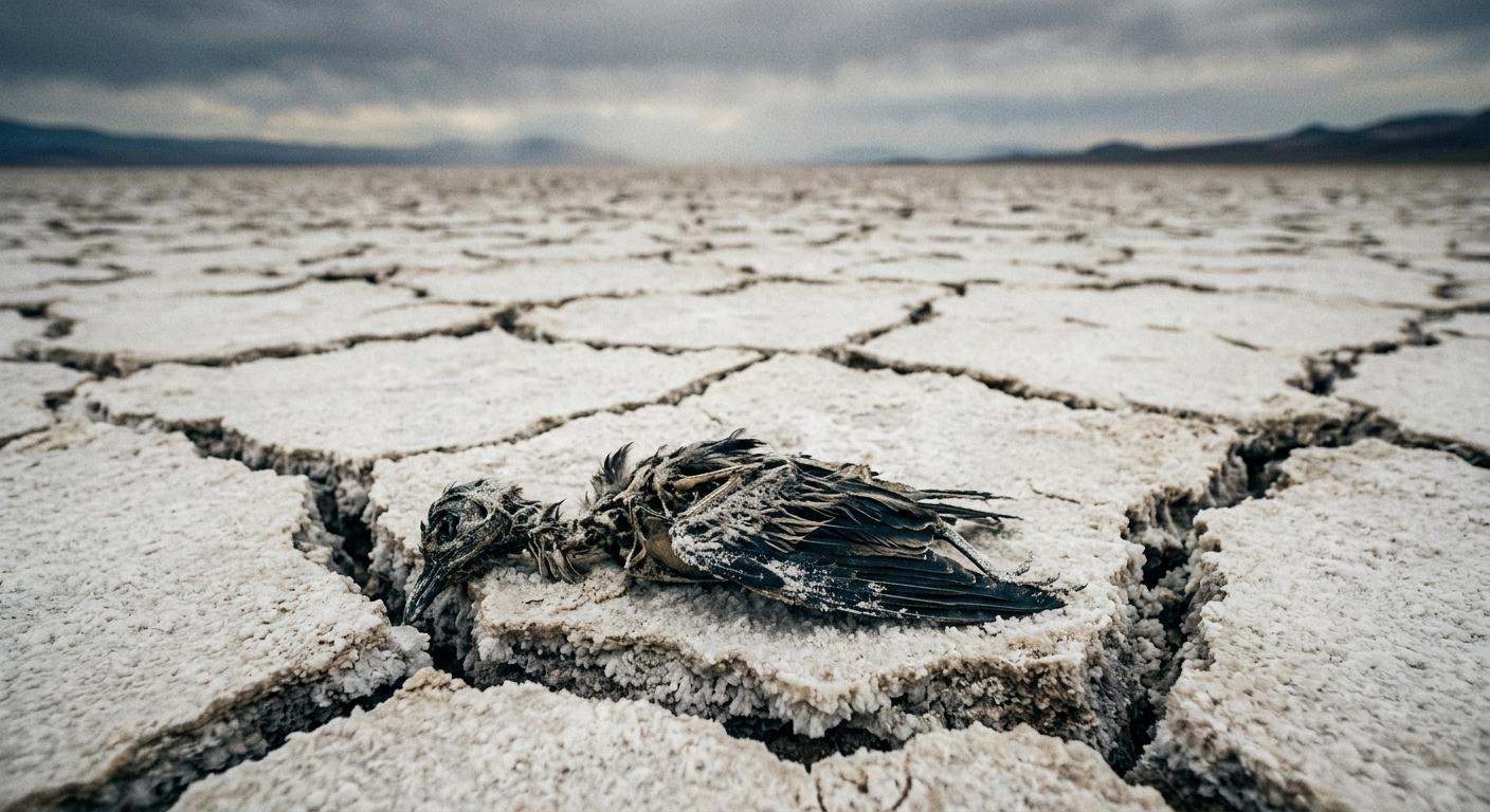 Solo rachado pela seca no Cerrado brasileiro sob céu alaranjado, simbolizando a urgente adaptação à mudança climática.