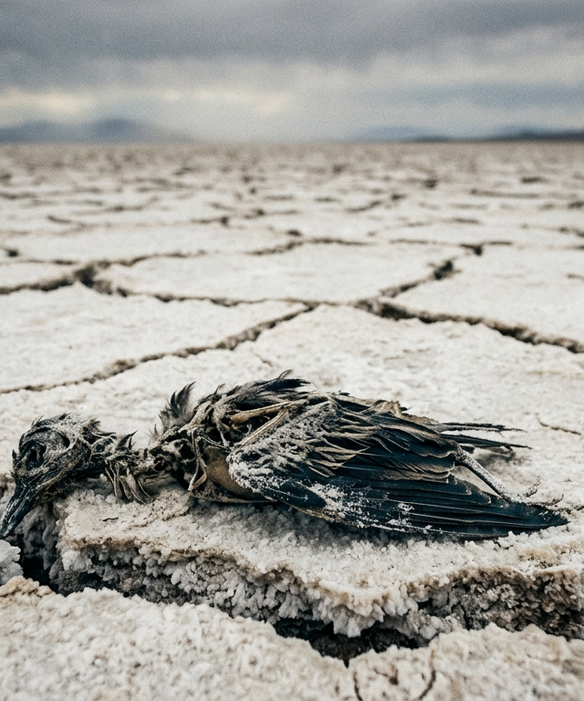 Solo rachado pela seca no Cerrado brasileiro sob céu alaranjado, simbolizando a urgente adaptação à mudança climática.