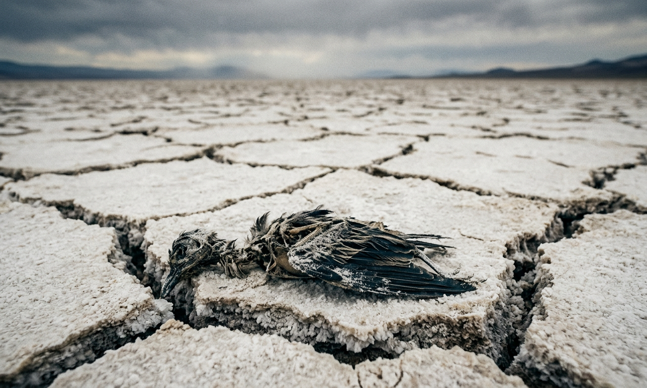 Solo rachado pela seca no Cerrado brasileiro sob céu alaranjado, simbolizando a urgente adaptação à mudança climática.