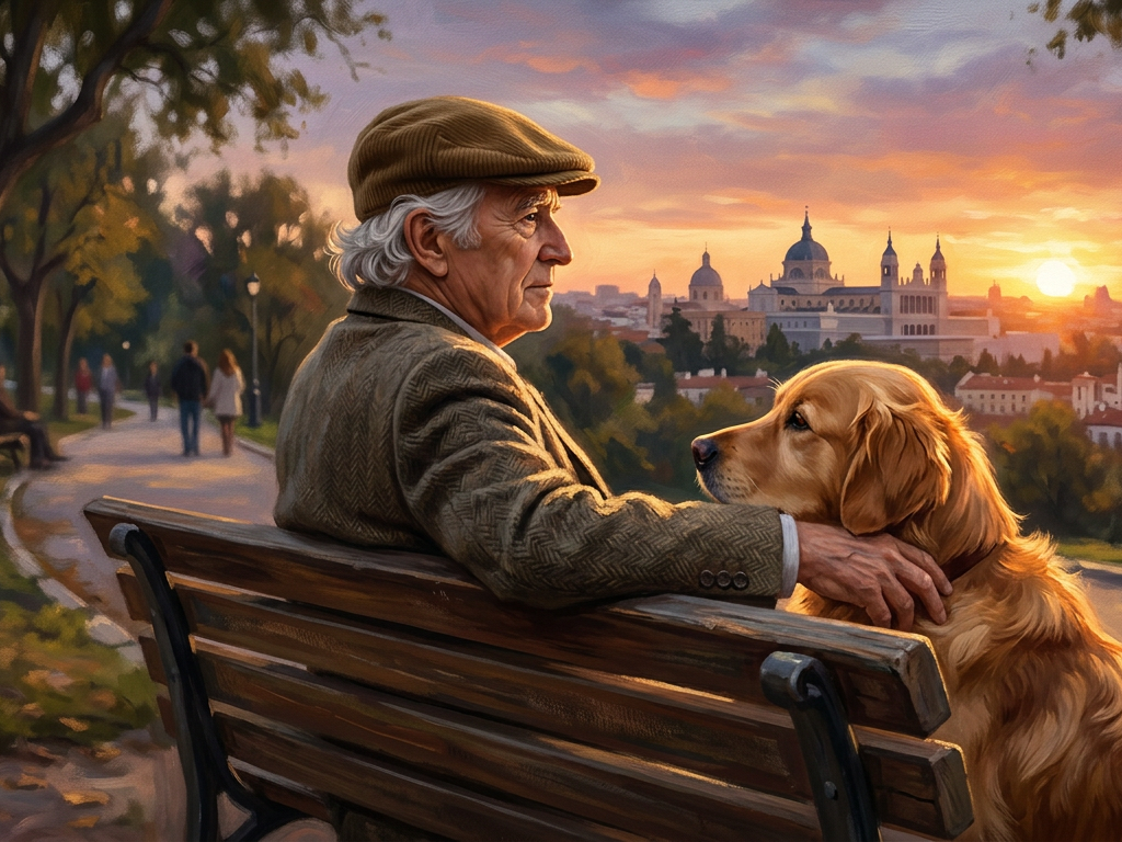 Un hombre y su perro en Madrid disfrutando juntos, reflejando el vínculo protegido por la ley de sintiencia.