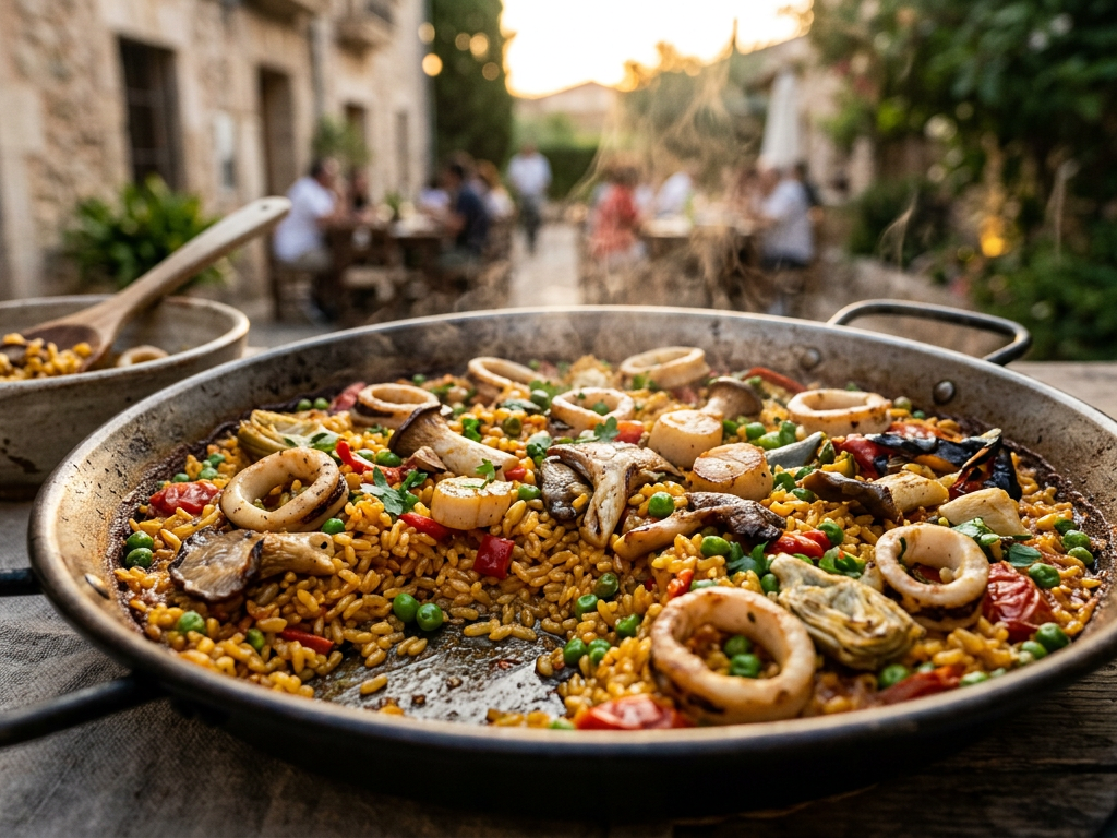 Primer plano de una paella vegetal con setas y algas, destacando texturas que imitan al marisco tradicional.
