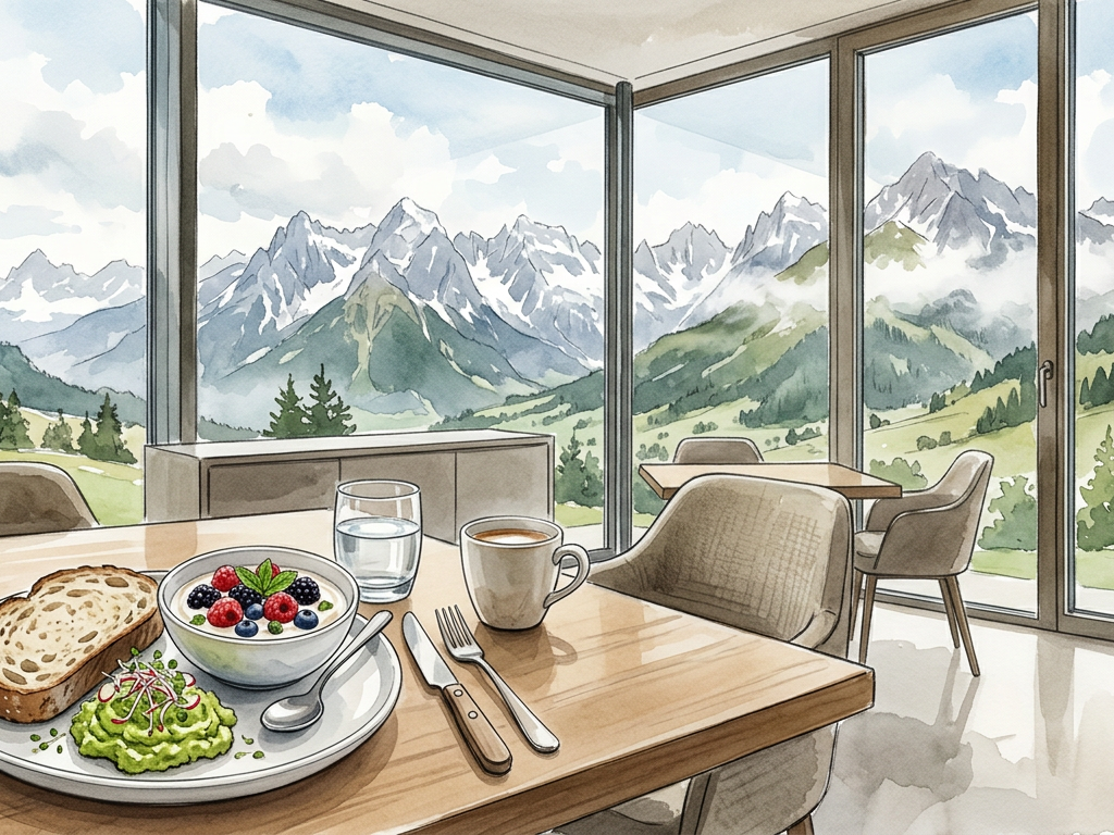 Ein veganes Gourmet-Frühstück in einem hellen Speisesaal mit Blick auf die österreichischen Alpen.