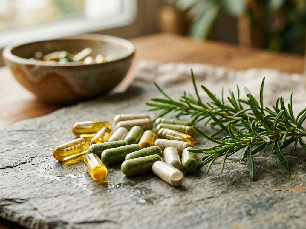 Cápsulas coloridas de suplementos veganos sobre uma superfície de pedra natural com um ramo de alecrim.