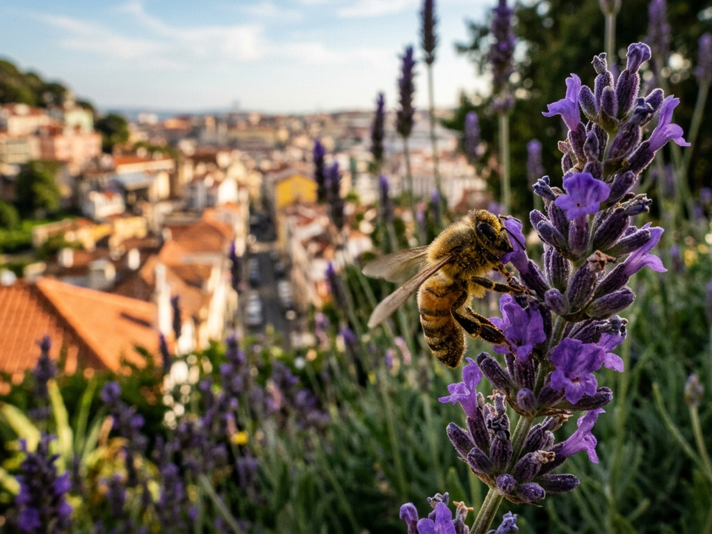 Uma abelha a polinizar uma flor de lavanda numa horta urbana em Lisboa com prédios ao fundo.