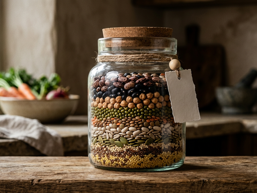 Bocaux en verre remplis de graines et légumineuses brutes pour une alimentation végétale saine.