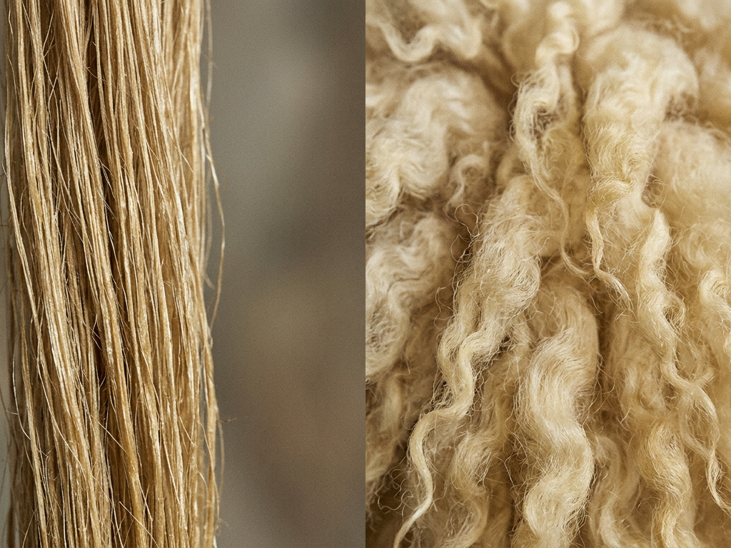 Macro view of golden industrial hemp fibers being processed for the ethical wool alternative trend.