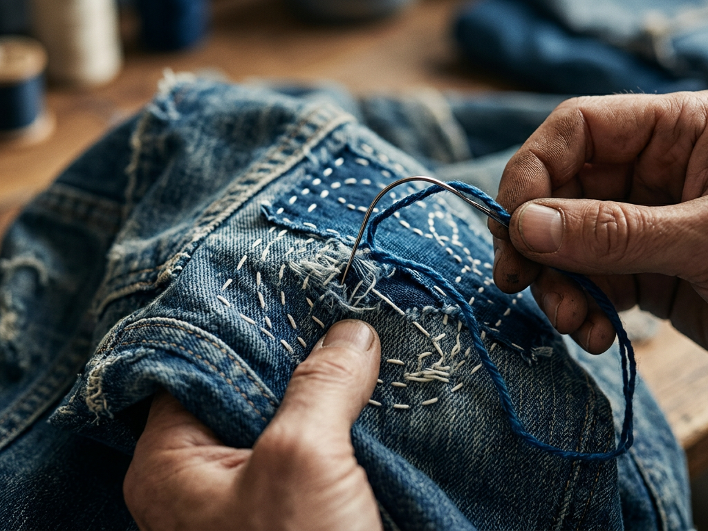 日本の伝統的な刺し子を用いて、古いデニムジャケットを丁寧に修理し、服を長く着る価値を表現する手元。