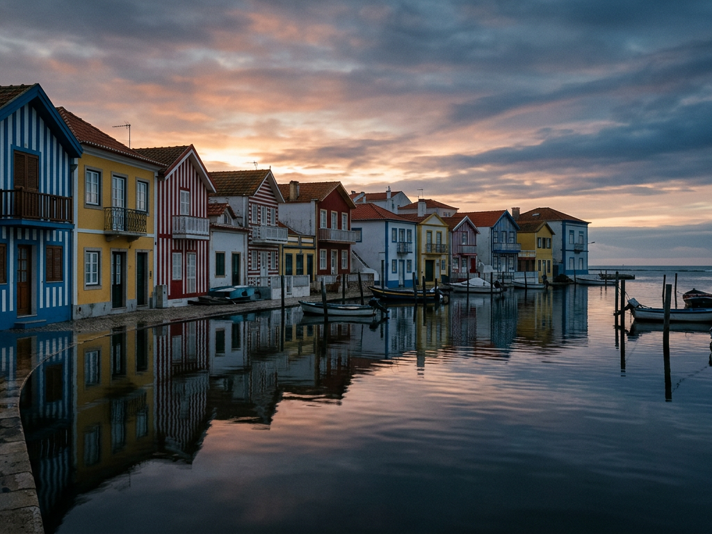 Vila costeira portuguesa inundada ao amanhecer, refletindo o impacto da subida do nível do mar.