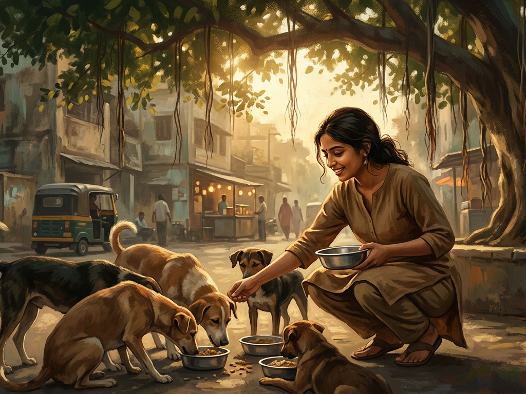 एक भारतीय शहर में सामुदायिक कुत्तों को भोजन कराते हुए एक स्वयंसेवक, जो नागरिक अधिकारों को दर्शाता है।