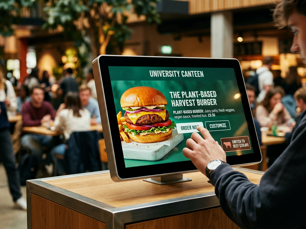 Digital kiosk showing plant-based default nudges by highlighting a vegan burger as the primary choice.