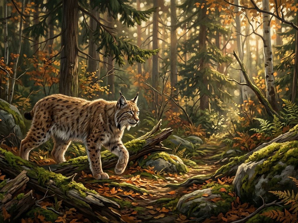Ein Eurasischer Luchs schleicht durch einen naturbelassenen Bergwald mit viel Totholz und Moos.