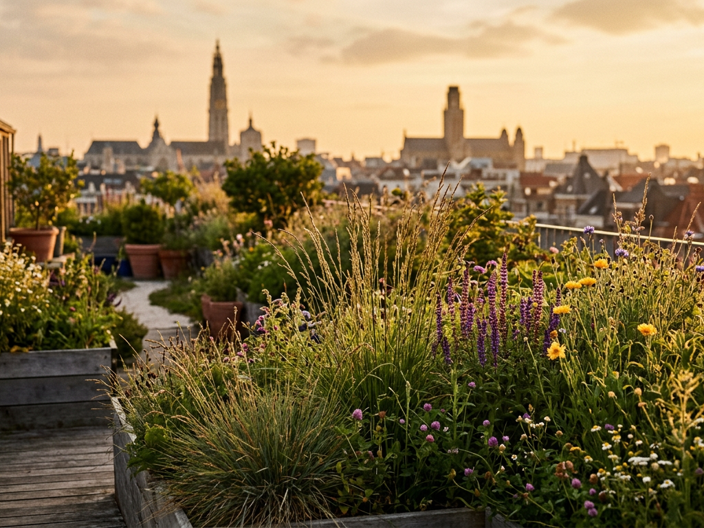 Toiture végétalisée sauvage à Anvers favorisant le rewilding urbain en Belgique.